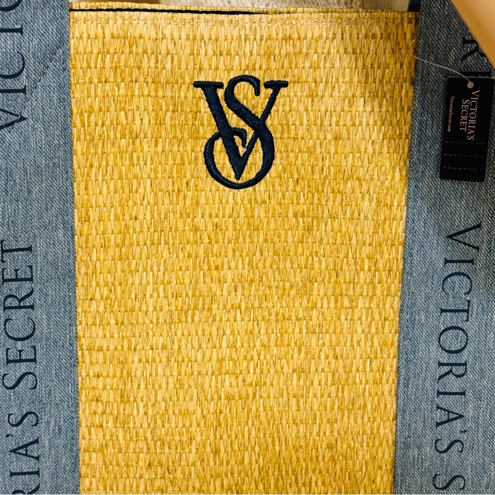 Victoria’s Secret Straw Beige Blue Tote Bag NWT - Picture 4 of 13